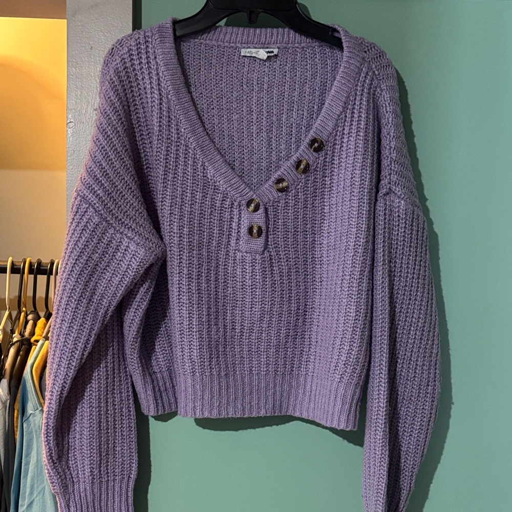 Fashion Nova Lavender V-Neck Sweater with Buttons